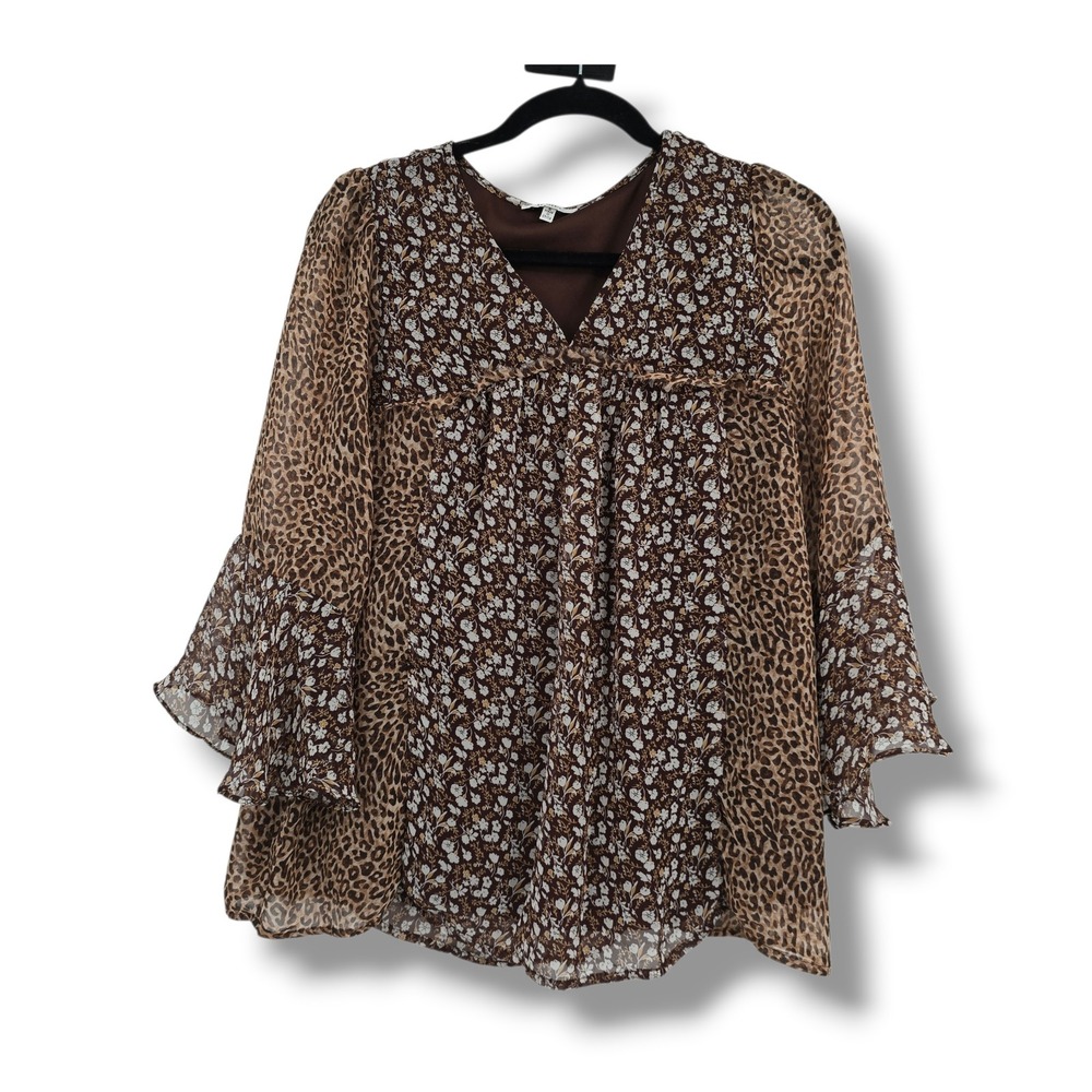 Jodifl Womens Floral Leopard Mixed Print V-Neck Bell Sleeve Blouse Brown S B8108